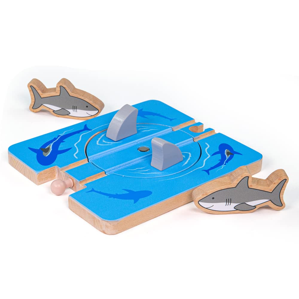 Bigjigs Rail Shark Attack Track, Wooden Train Set Accessory, Shark Toy, Turntable Feature, 3 to 10 Years