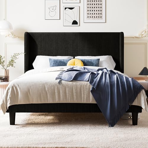 Image of Allewie Queen Size Platform Bed with Corduroy Wingback Headboard, Black