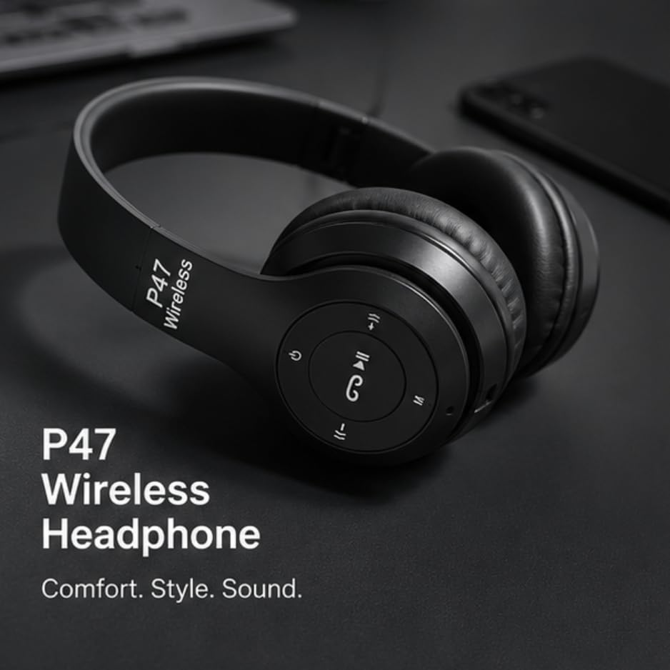 Image of P0047 Wireless Bluetooth Headphones with Deep Bass, Foldable Design, Built-in Microphone, Adjustable Headband, Noise Isolation, Stereo Sound for Mobile, Laptop & Tablet (Multicolour). (Black)