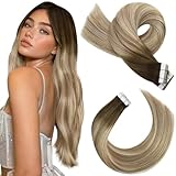 Moresoo 20inch Tape in Hair Extensions Remy Human Hair Tape on Hair Extensions 20pcs 50G Seamless Tape in Hair Extensions Colored #3 Brown Fading to #8 Light Brown and #22 Blonde Glue on Hair