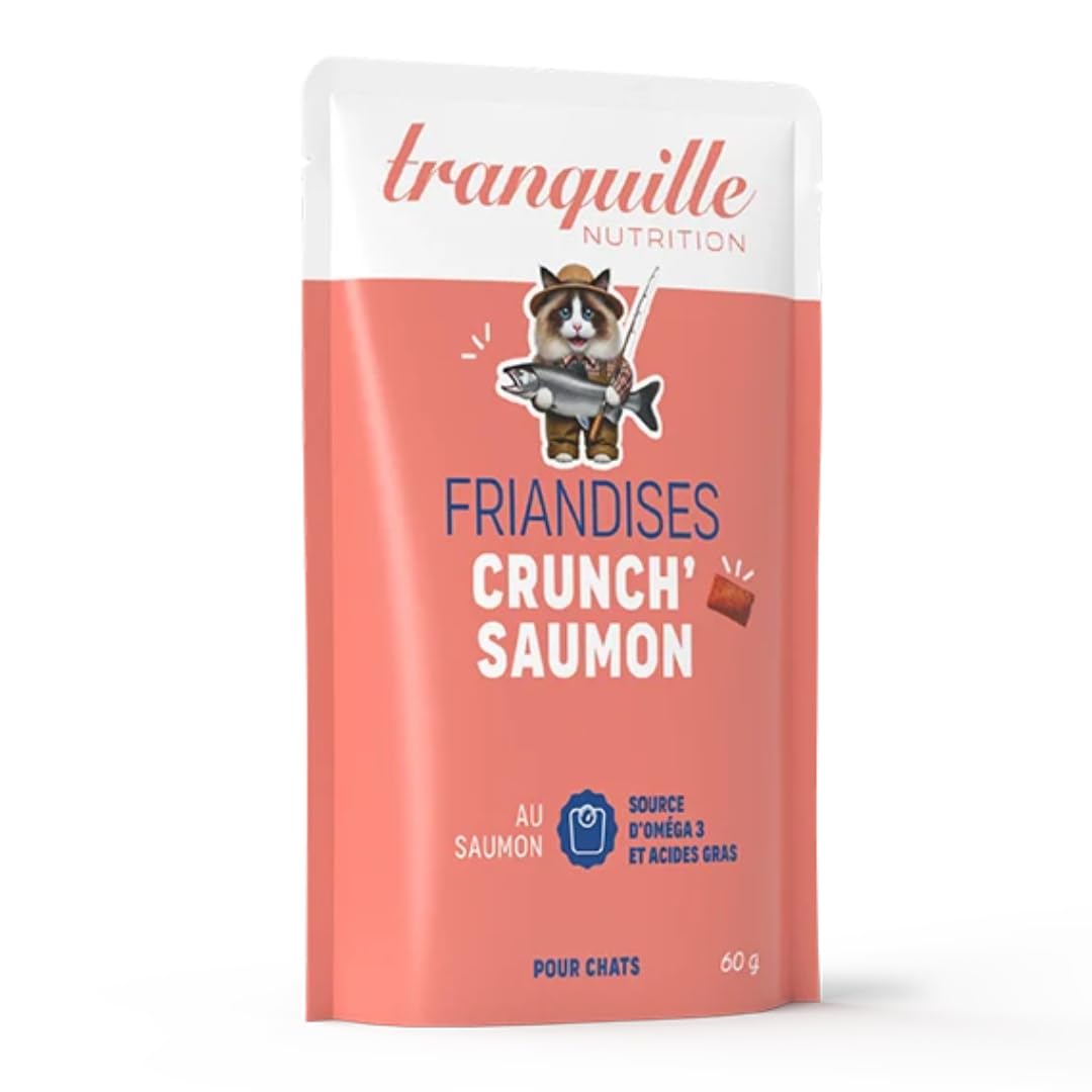 Tranquille Crunch' łosoś dla kota (zestaw 40 x 60 g) | Przysmaki bogate w Omega 3 i kwasy tłuszczowe, zdrowa skóra i błyszcząca sierść, wsparcie stawów i mózgu, karma dla kota