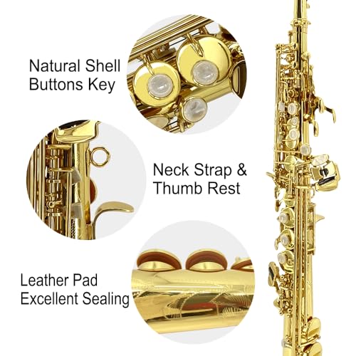 Image of Straight Soprano Saxophone Bb B Flat Sax with Case, Mouthpiece,Reeds & Accessories Brass Woodwind Instrument for Beginners,Adults & Advanced Players GOLD