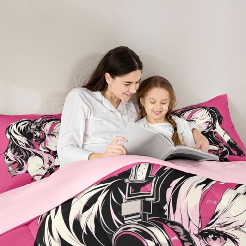 Image of Erosebridal Pink Anime Girls Bedding Cartoon Japanes-Style Comforter Set Queen, Graffiti Street Culture Bed Comforter Set for Kids Teens Youth Watercolor Hippie Style Duvet Set 3Pcs