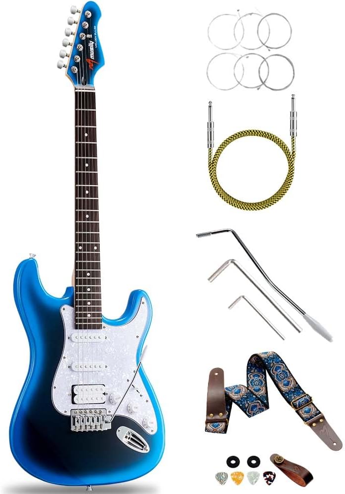 39in Electric Guitar Kit, Full Size Beginner Electric Guitar Starter Kit, Solid Body HSS Pickup with Guitar Strap, Cable, Picks, Strings (MetalBlueBurst)