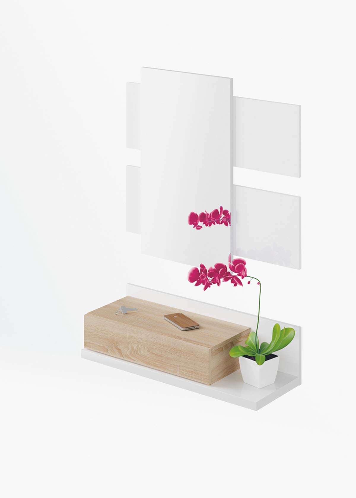 Mueble de Entrada Recibidor con Espejo, Color Blanco Artik Mate/Roble Canadian en melamina - Dim : 20 x 75 x 29 cm