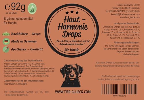 Haut-Harmonie Drops Hund – Natürliche Bachblüten-Leckerlis für Sensible Hunde | Unterstützt Gelassenheit bei Umweltreizen & Nervosität | Hohe Akzeptanz | Premiumqualität Made in Germany | 92 g