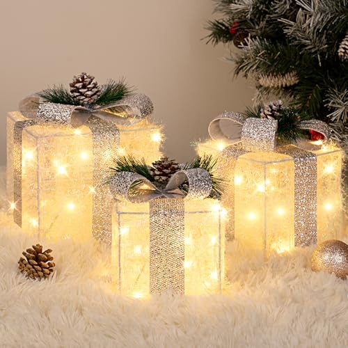 Towponics Set of 3 Christmas Lighted Gift Boxes with Plug Indoor Outdoor Christmas Decorations with 60 LED Warm White Mini String Lights Present Boxes with Silver Tinsel for Xmas Tree Porch Decor
