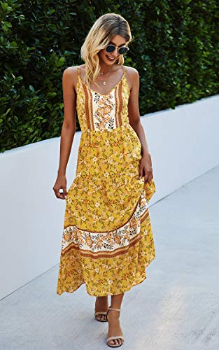 Image of Angashion Women's Dresses Floral Adjustable Spaghetti Strap V Neck Boho Long Maxi Dress Summer Beach Flowy Ethnic Sundress