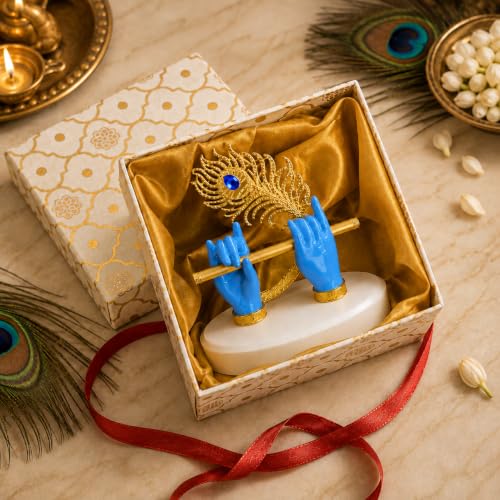 Image of CraftVatika Goldplated Krishna Hand with Flute Idol Peacock Feather Mor Pankh Showpiece,Housewarming Gift, Birthday Anniversary Wedding Janmashtami Gift,Home Decor Decoration Items for Living Room