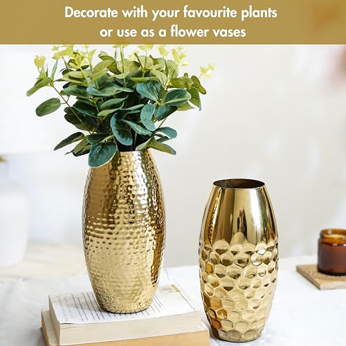 Image of Behoma Metal Hammered Vase for Home Decor | Decoratives for Indoor Outdoor Living Room Balcony |Golden Half Hammered & Full Hammered Oblong Shape (Flower not Included) (Set of 2)