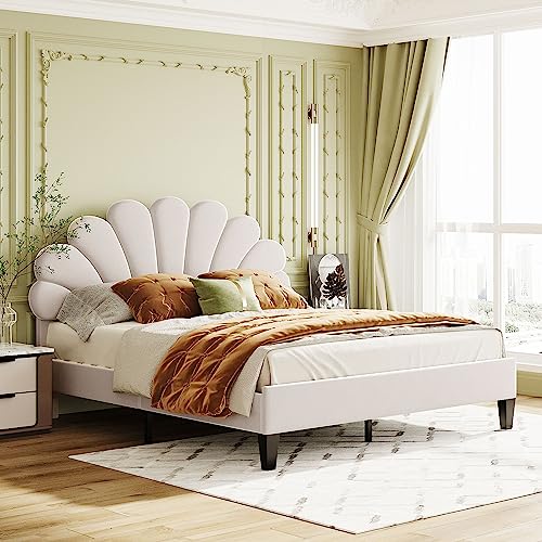 Harper & Bright Designs Queen Size Upholstered Platform Bed Frame with Flower Pattern Velvet Headboard for Boys Girls Kids Adults, Beige