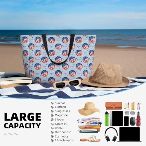 Large Beach Bags Water-resistant Sandproof - Donut with the USA Fag Cute Beach Tote Bags for Women with Zipper4