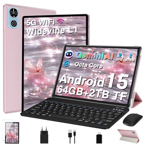 Tablette 10 Pouces AI Android 15 Tablettes avec 30Go RAM+64Go ROM(TF 2To), 5G+2.4G WiFi, Octa-Core 2.0 Ghz, Widevine L1, Bluetooth5.0, GMS Tablette Tactile avec Clavier+Souris et Cas (Or rose)