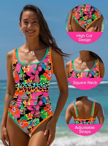 Image of popvil Women's One Piece Swimsuits Tummy Control -Slimming Bathing Suit Modest Neon Sport Swimwear 2026