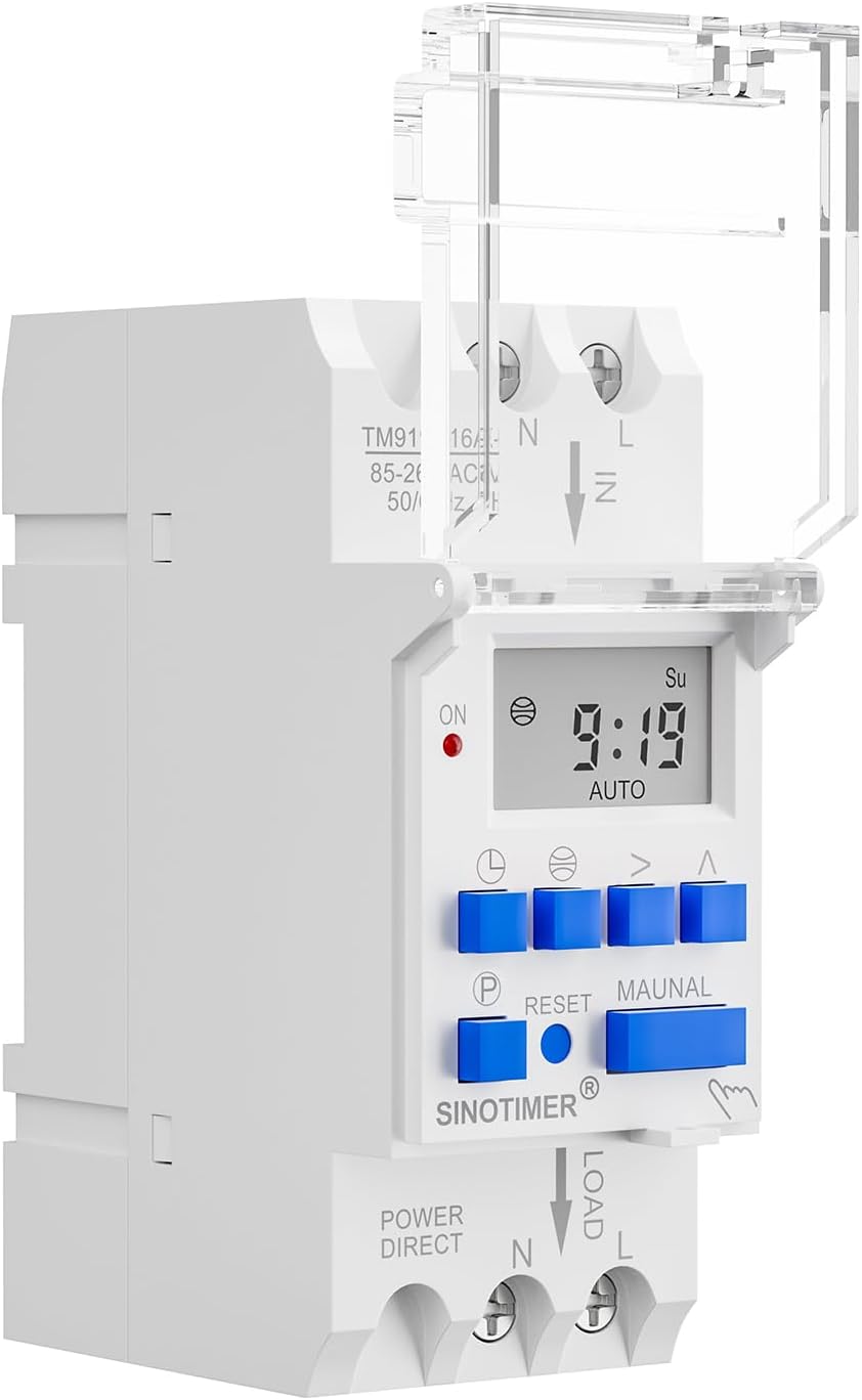 Lato view of the SINOTIMER TM919TK Astronomical Time Switch with clear protective cover