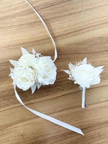 DESUNESS White Rose Corsage and Boutonniere Set Boutonniere for Men and Wrist Corsage Wristlet for White Wedding Prom Homecoming Wedding Flowers Accessories Party Suit Decorations