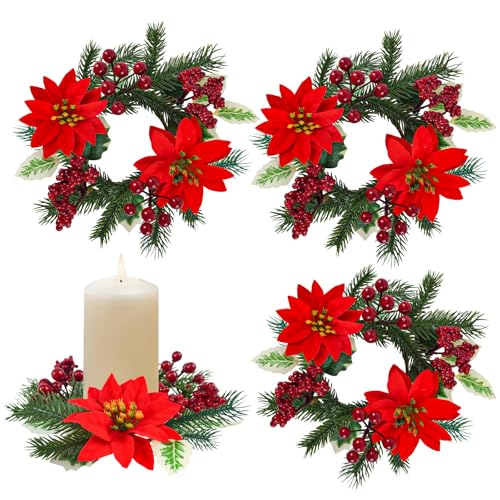 Caplidou 4 Pcs Christmas Candle Rings, Small Christmas Candle Wreaths with Artificial Poinsettias & Red Berries for Table Centerpieces, Windows, Pillars, Cabinets & Kitchen Decor