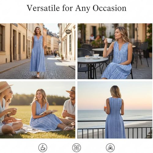 Image of Women Casual Dress Summer Stripe Button V Neck Sleeveless with Pocket Long Dresses Holiday Beach Party Midi Dress