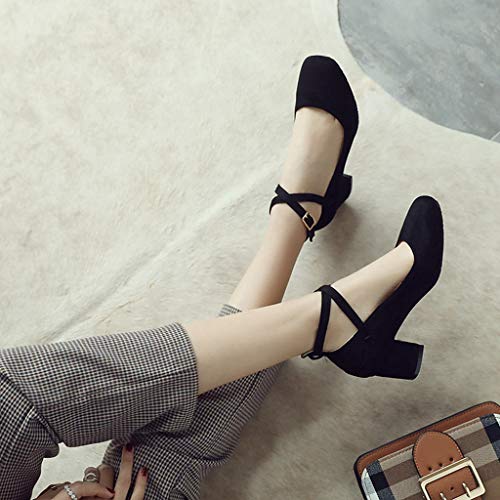 MIOKE Women's Retro Square Toe Chunky Mid Block Heel Pumps Suede Ankle Strap Comfort Office Dress Shoes3