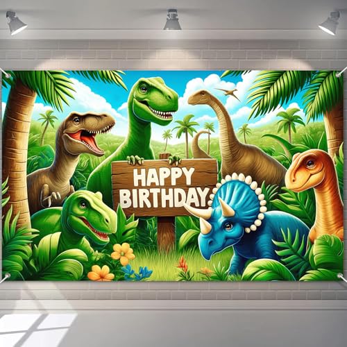 Image of BlissYard Happy Birthday Banner Dinosaur Decrations Backdrop 96x72 Inch Seasonal Theme Party Background Decoration for Boys Kids Birthday Banners for Girls or Boys Gifts