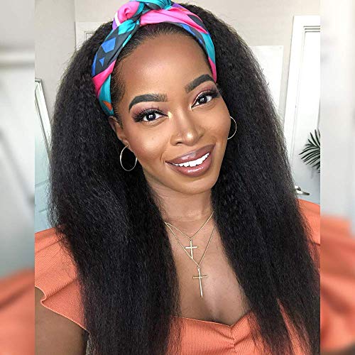 Evasens Kinky Straight Headband Wig Long Black Wig Yaki Straight Synthetic Hair Wig with Black Headband 22 inches None Lace Front Hair for Daily Party Use Easy to Wear