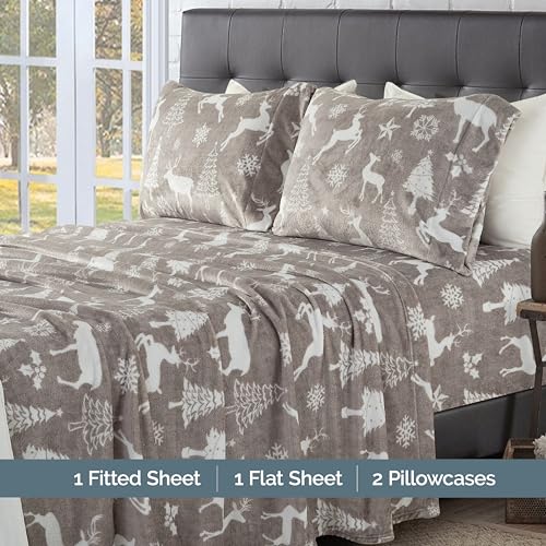Elegant Comfort Luxuriously Soft 4-Piece Holiday Velvet Plush Flannel Sheet Set - Premium Quality - Cozy Warm, Christmas Fuzzy Velvet Flannel Fleece Deep Pocket Sheet Set - Twin, Silver Reindeer