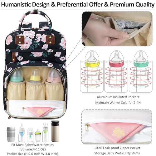 Image of Tenot Diaper Bag Backpack Tote for Women Large Capacity with Insulated Pockets Multifunctional Diaper Bags For Baby Girl Boy Waterproof Baby Bags, Maternity Bag Black Pink Floral