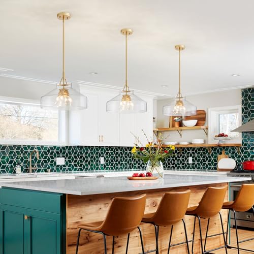 Image of WUZUPS Chandelier Rustic Farmhouse Industrial Round Ceiling Pendant LED Light Fixture with Clear Glass Shades for Dining Room Kitchen Island Foyer Entryway, H 11.8 inch W 15 inch, E26 Base, Gold
