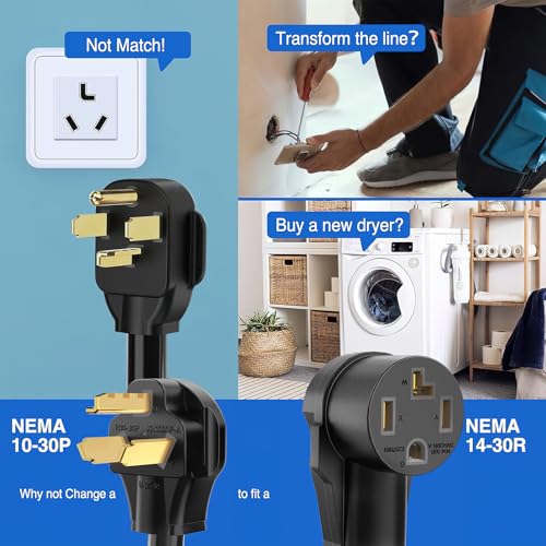 Image of Nilight EV Dryer Adapter Cord 30 Amp to 30Amp 3 Prong 125V 3750 Watt Pure Copper Dryers Old Outlet New Plug Conversion Heavy Duty 10 Gauge Wires 10-30P to 14-30R 30M /30F