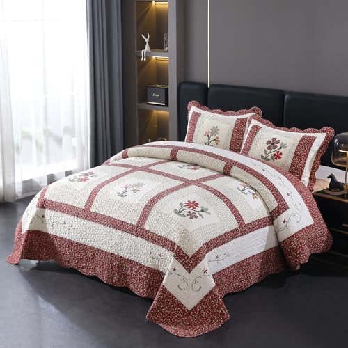 vctops-Christmas-Red-3-Piece-Embroidered-Floral-Quilted-Bedspread-Quilt-Set-100-Cotton-Reversible-Patchwork-Coverlet-Set-1-Quilt-and-2-Pillow-Shams-RedQueen vctops Christmas Red 3 Piece Embroidered Floral Quilted Bedspread Quilt Set 100 Cotton Reversible Patchwork Coverlet Set 1 Quilt and 2 Pillow Shams RedQueen