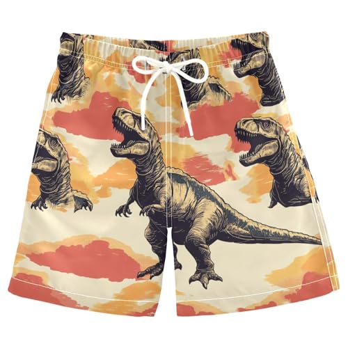 Boys Beach Board Shorts Retro T-rex Dinosaur Swim Trunk Teen Swimwear 8-16Y