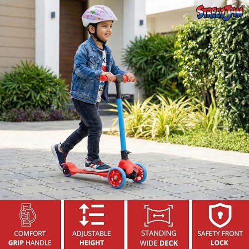 Image of STREETJAM Komiks Kids Kick Scooter for 3-12 Years, Tilt & Turn Safety Lock (1st Time in India), BIS Approved, Lean-to-Steer, Wide Deck, Adjustable Height, Up to 35 kg Load (Red with Blue)