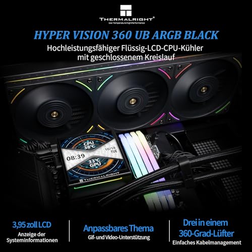 Thermalright Hyper Vision 360 UB ARGB Black AIO CPU-vloeistofkoeler, voor AM5/Intel LGA1851/1700, 3,95 inch, magneet-absorber lcd-scherm met 480 x 480 resolutie voor afbeeldingen, magnetisch - Afbeelding 3
