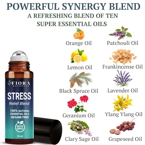 Image of Stress Relief Essential Oil Roll On - Calming Essential Oils Blend for Relaxation & Wellness Rituals - Aromatherapy Roller, Destress Gifts for Women & Men by Fiora Naturals