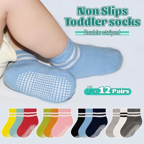 Image of HYCLES Toddler Girl Socks, 12 Pairs Non Slip Ankle Toddler Socks for 1-7 Years Baby Girls Kids
