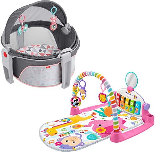 Image of Fisher-Price Deluxe Kick & Play Piano Gym, Pink Fisher-Price On-The-Go Baby Dome, Rosy Windmill, Grey/Pink