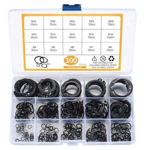 Snap Ring Set,Carbon Steel Snap Ring Assortment, 300pcs A Type C Type, M4-M28 Sizes
