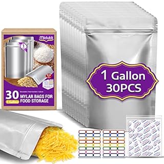 30PCS Midukit Mylar Bags for Food Storage 1 Gallon 10"x14" 8.6Mil, with Oxygen Absorbers 20000cc + Labels Heat Sealable Resealable Ziplock for Long Term Storage, Mylar Bags Large Food Grade