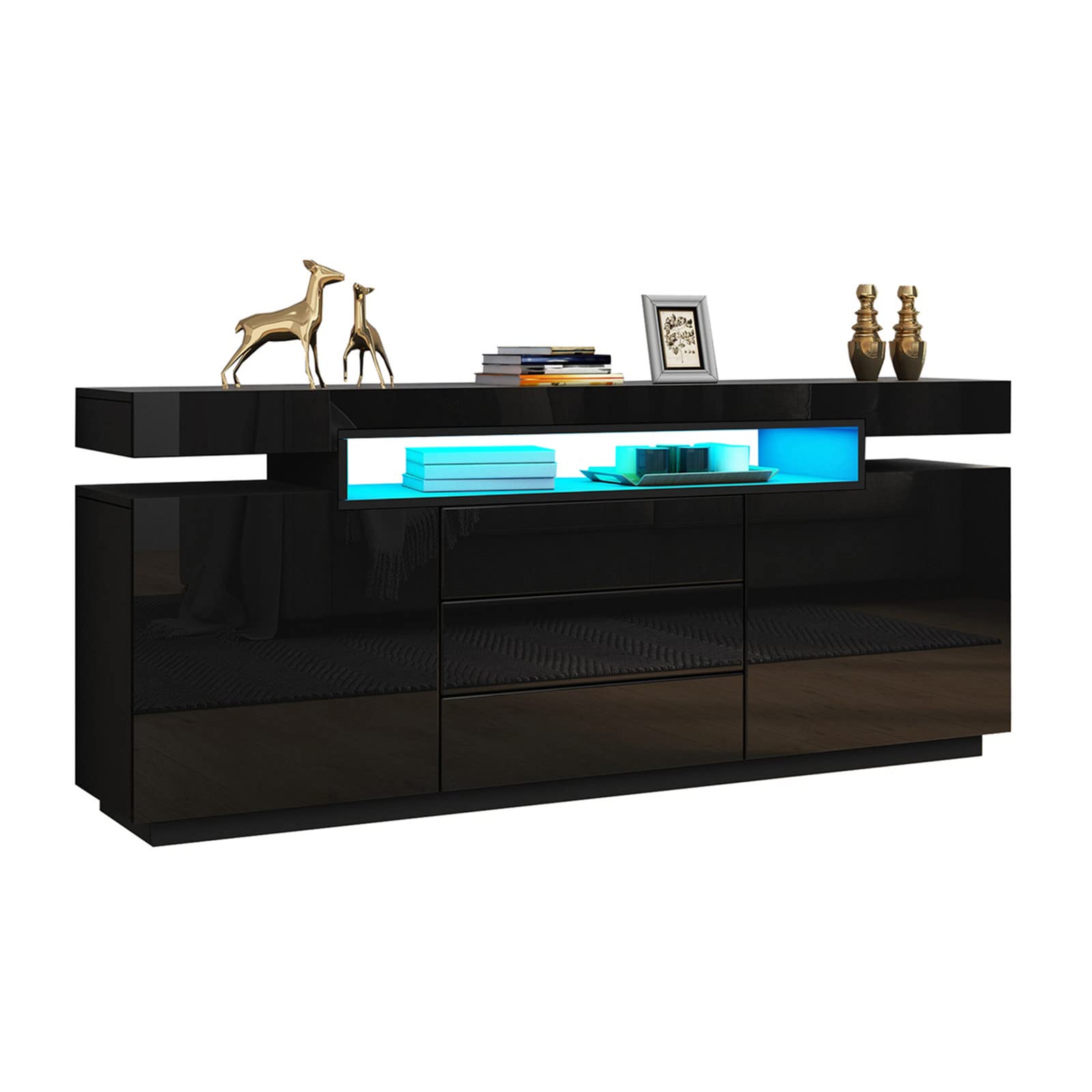 BESTWANTED Sideboard High Gloss LED Sideboard Cabinet with 2 Doors and 3 Drawers Modern Living Room Bedroom Furniture 160 x 72 x 35 cm (Black)