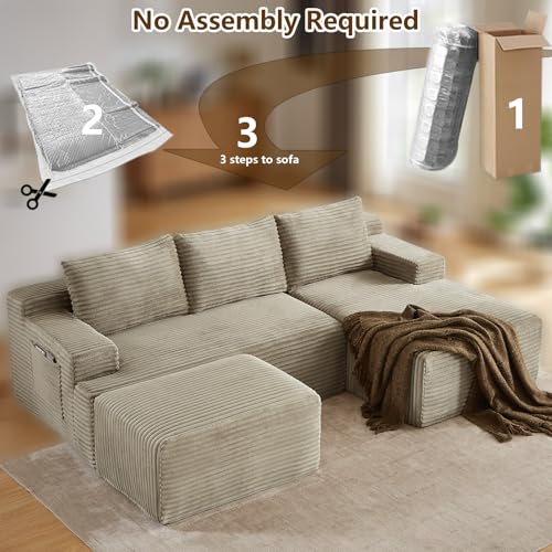 Image of 96 inch U-Shape Cloud Couch, Modern Modular Sectional L-Shape Sofa with Ottoman, Corduroy Upholstered Couches Deep Seat Sleeper Chaise Longue for Living Room, No Assembly Required(Camel, Right Facing)