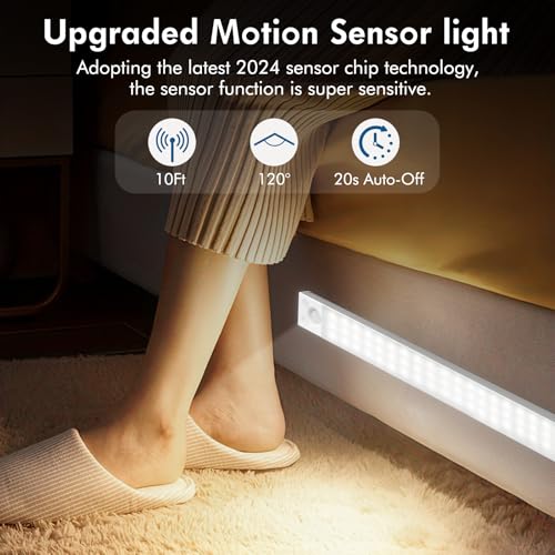 Image of Under Cabinet Lights 14.5 Inch,Under Cabinet Lighting 63LEDS 2500mAh,Motion Sensor Light Indoor Rechargeable Battery Operated,Dimmable Under Counter Lights for Kitchen,Drawers,Wardrobe,Stair Bedroom