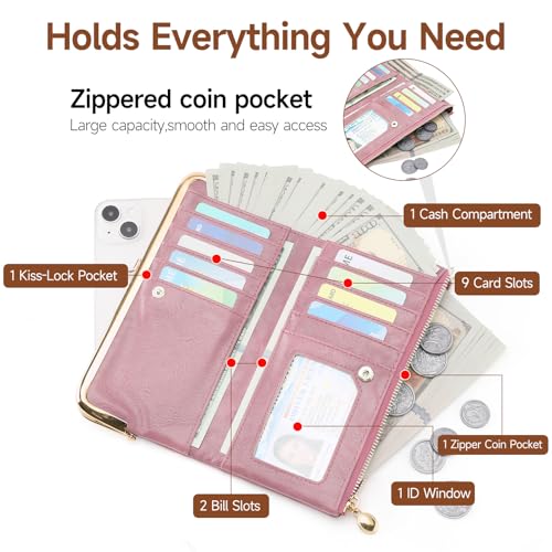 Image of GOIACII Womens Wallet Kiss Lock Bifold Leather Wallets for Women Pink | Vintage Wallet for Women,Ladies Clutch Purse,Women's Card Holder Wallet with Zipper