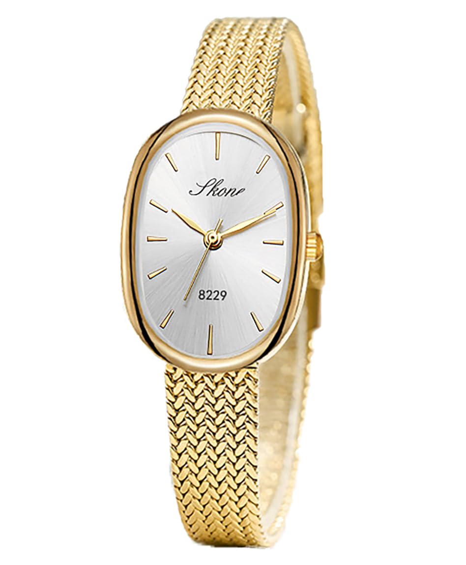Elegant Oval Gold Watches for Women Easy Reader Watch Fashion Women Stainless Steel Exquisite Wristwatch(Gold-B)
