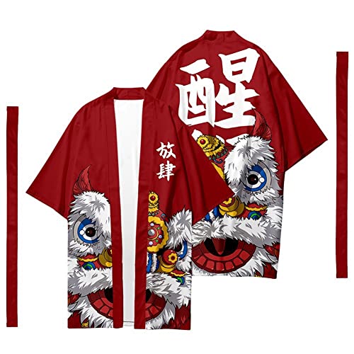 Harajuku Japanese Long Kimono Cardigan for Men Traditional Graphic Print Yukata Robe Seven Sleeves Coat Outwear (Style-9,6XL,mens)