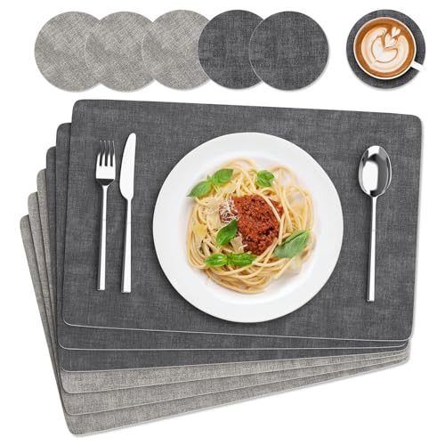 Euqvunn Set de Table et Dessous de Verre Lot de 6,[Double Face Bicolore ] Résistant à la Chaleur, et Antidérapant Sets de Table Lavable en PU pour Cuisine...