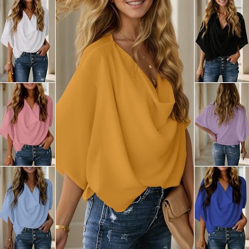 Womens Spring Summer Chiffon Blouse Cowl Neck Short Sleeve Casual Loose Shirt Tops3