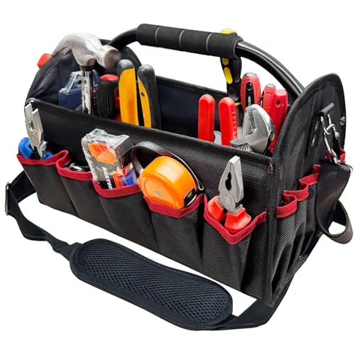 16 inch tool bag, foldable open top tool bag, 1680D waterproof and wear-resistant, 26 pockets to hold various tools, wide mouth electrician tool tote bag, steel handle and adjustable shoulder strap