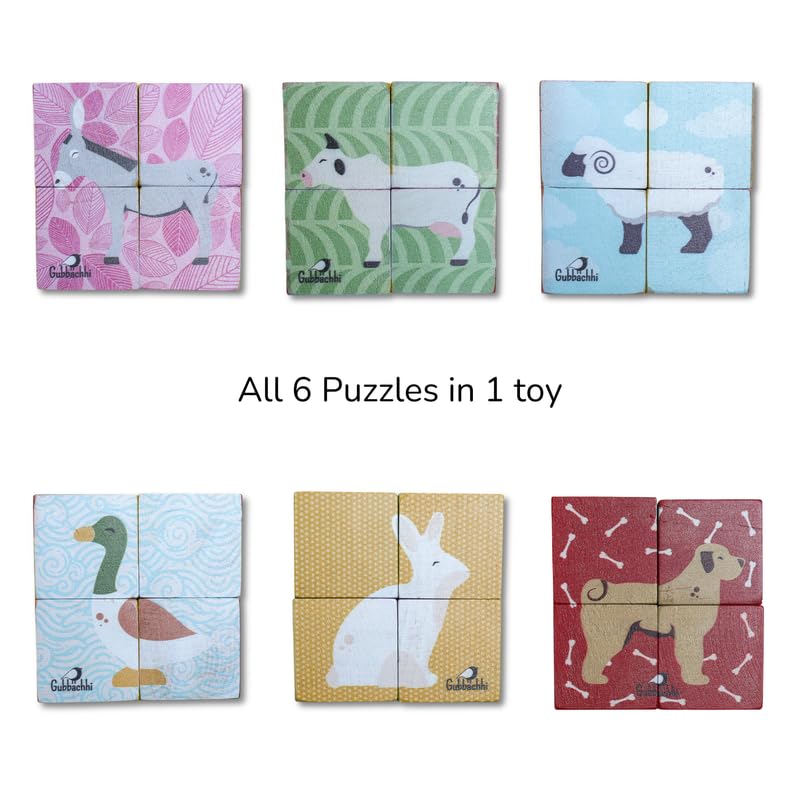 Image of Wooden Farm Puzzle for Toddlers 2 Yrs+ | 6 in 1 Farm Animal Block Puzzle with 4 Wooden Blocks | Montessori Educational Toy | Handmade in India | 100% Mango Wood | Non Toxic | Screen Free Toy