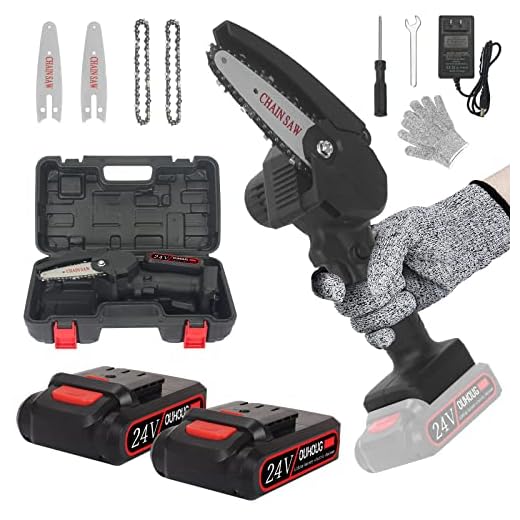 Mini Chainsaw, 4-Inch Portable Rechargeable Cordless Power Chain Saw, 24V 2000mAh Electric Handheld, Splash Guard & Safety Switch Button, 3Pcs Chain and 2 Pcs Battery, for Wood Cutting, Tree Pruning