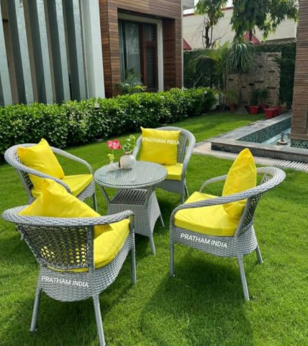 Image of PRATHAM India Patio 4+1 Furniture Set Bistro Set Porch Backyard Garden Outdoor Furniture Rattan Chairs and Table Wicker Conversation Set (Silver with White Line & Yellow Color)
